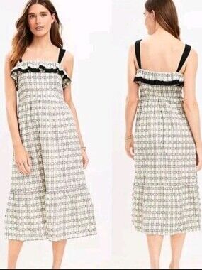 LOFT Plaid Ruffle Midi Dress Size 14 Cotton Textured Smocked Square Neck Black C